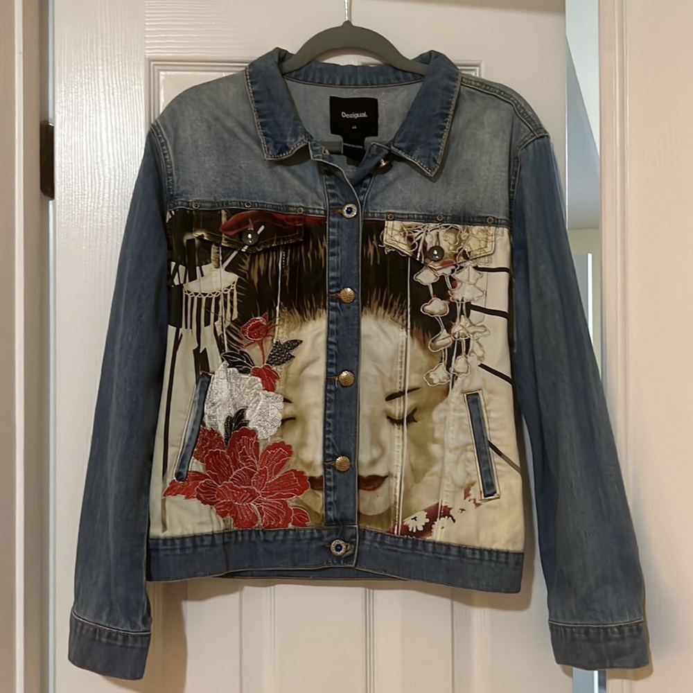 Desigual Gently Worn Alanya Jean Jacket with Button Accents Asian Art